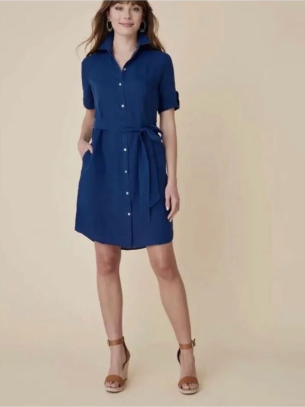 UNTUCKit Linen Navy Button-Front Shirt Dress with Self-Tie Waist